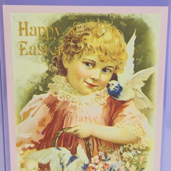 Easter Greetings Wishes Victorian Litho Printed Girl with Birds Tall Tin Box - Picture 2 of 14